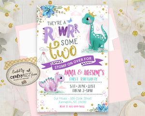 Twins Dinosaur Birthday Invitation Girl - Roarsome Two Pink and Gold Dino Party Invitations - Joint First Second Birthday - Roar Dinosaur