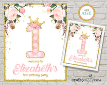 Princess First Birthday Welcome Sign - Pink and Gold Table Decor - Floral 1st Birthday Party Decoration - Personalized - CraftyKizzy