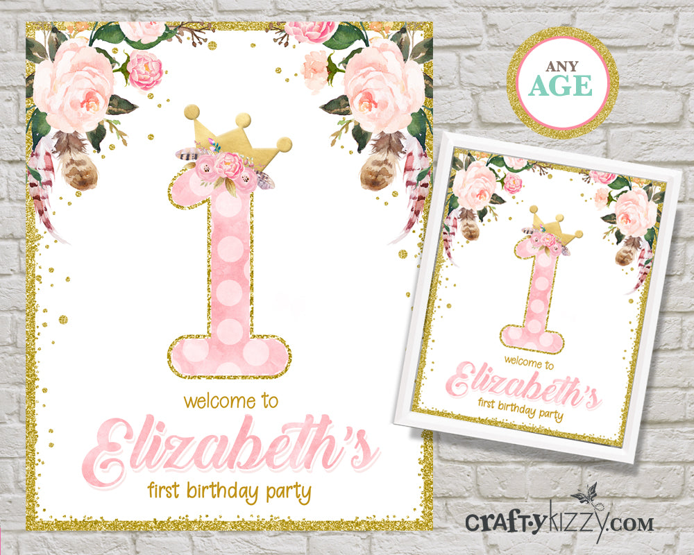 Princess First Birthday Welcome Sign - Pink and Gold Table Decor