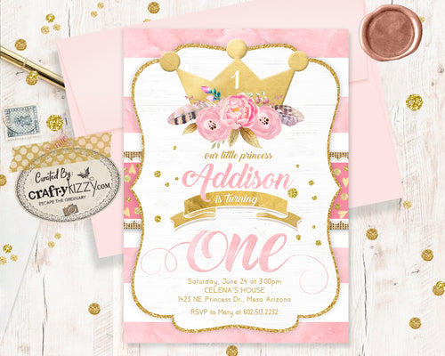 Princess First Birthday Invitations - Pink and Gold Boho Girl 1st Birthday Party - Big One Watercolor Floral - Valentine's Birthday Valentine Bday Invite