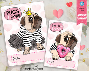 Pug Valentines Day Cards For Kids - Pug Valentine's - Classroom Exchange Cards - INSTANT DOWNLOAD - CraftyKizzy