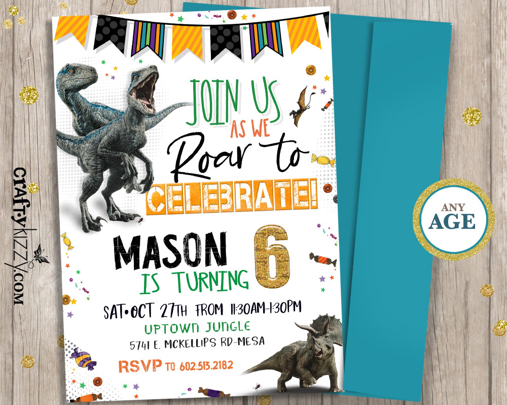 Dinosaur Birthday Invitations - Let's Roar Prehistoric Raptor Invitation - Triceratops - CraftyKizzy