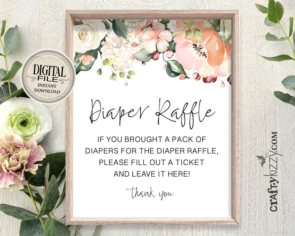 Baby Shower Diaper Raffle Sign Roses - Mommy To Be Game Sign - Diaper Game Printable Table Signs - INSTANT DOWNLOAD