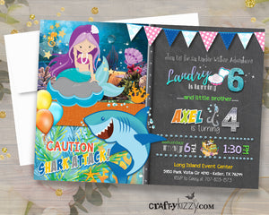 Joint Mermaid and Shark Birthday Party Invitations - Mermaid and Shark Invitation - Girl Boy Invite - Twins - CraftyKizzy