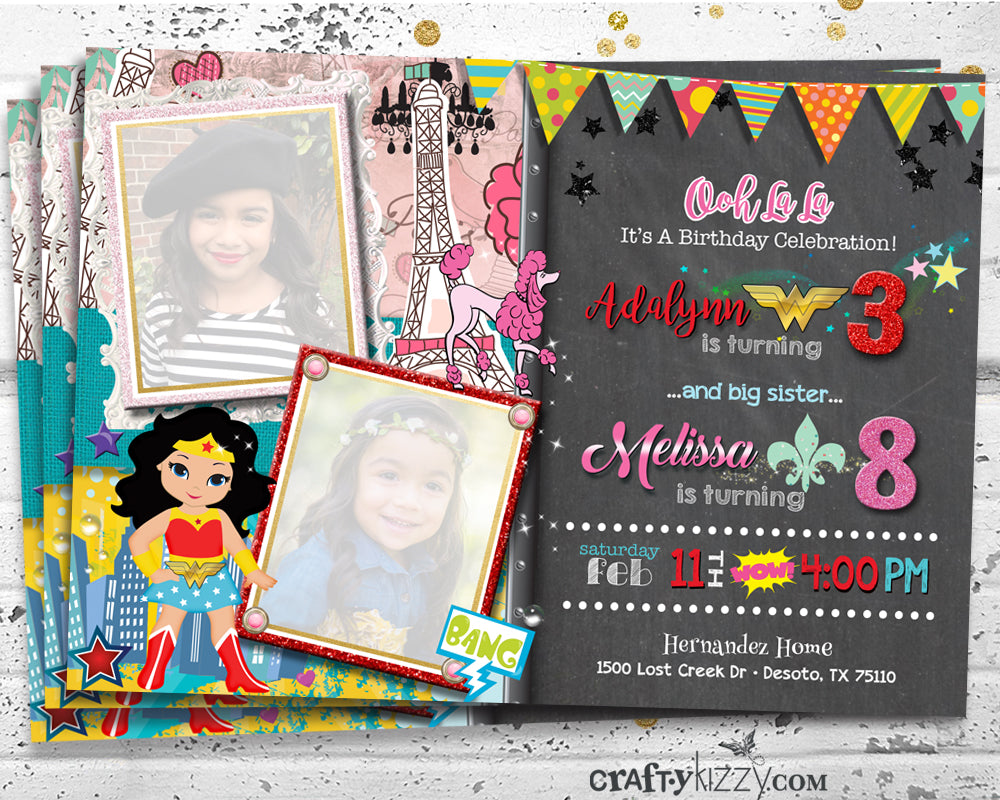 Sibling Birthday Invitations - Ooh La La Birthday Joint Party Invitation - Wonder Woman Superhero Party Invitation - CraftyKizzy