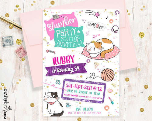 Slumber Party Birthday Invitations - Kitty Cat Sleepover Party Invitation - Pajama Party Digital Invite - Cat Sleep Over Invitation