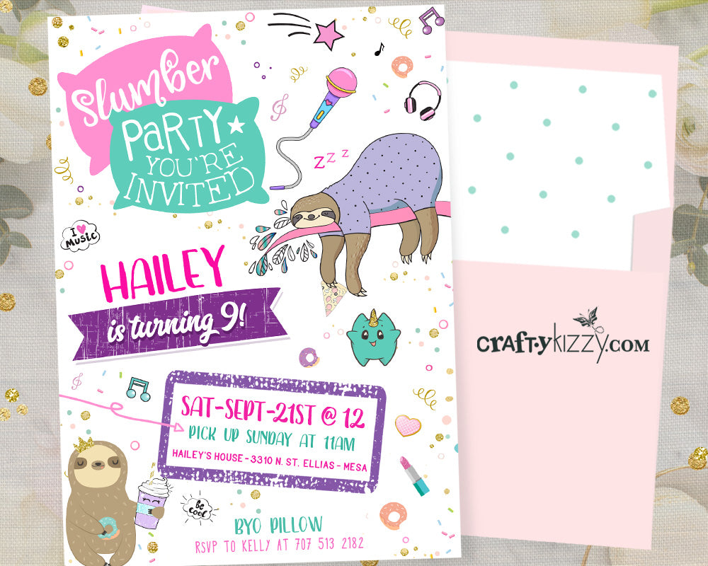Slumber Party Birthday Invitations - Girl Teen Sleepover Invitation - Pajama Party Sloth Sleep Over Invitation - CraftyKizzy