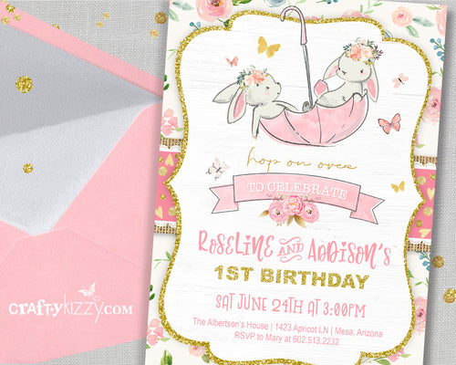 Bunny First Birthday Invitations - Joint Twin Girl Bunnies Invitation - Pink Floral Easter Invitation - CraftyKizzy