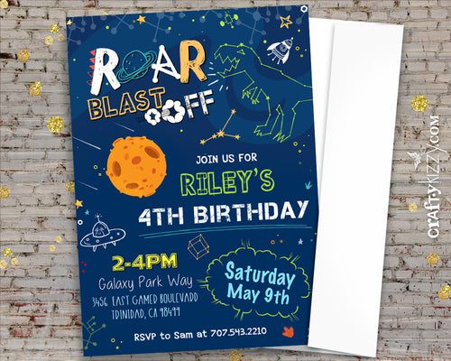Dinosaur Outer Space Birthday Invitations Astronaut Dino Party Invitations - Galaxy and Stars Boy Invitation - CraftyKizzy