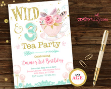 Boho Floral Tea Party Birthday Invitation - Watercolor Girl Wild and Three Birthday Invite Shabby Chic & Gold Printable Invite - CraftyKizzy
