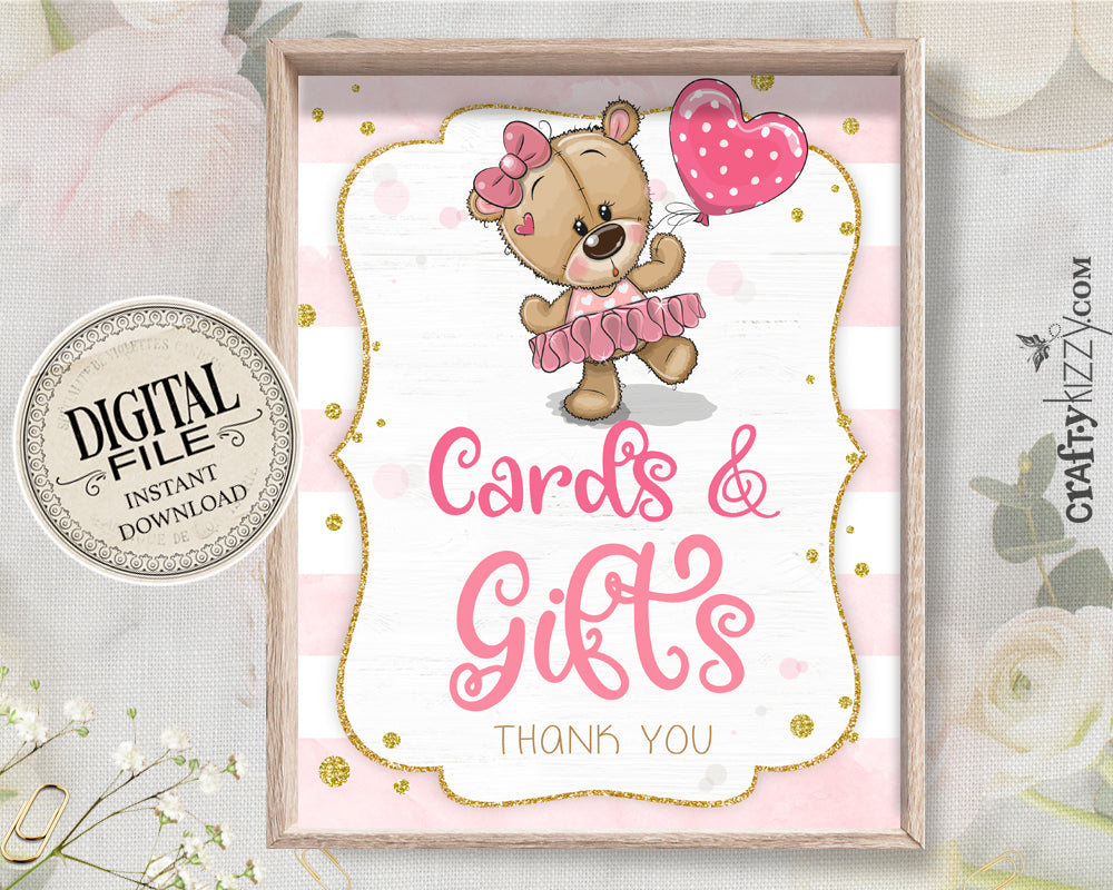 Teddy Bear Cards and Gifts Sign - Teddy Bear Party Sign - First Birthday Party Decoration - Table Sign - INSTANT DOWNLOAD