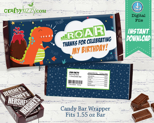 Thank You Dinosaur Candy Bar Label - Hershey Chocolate Wrappers - Dino Birthday Party Favor - Printable Party Decor - INSTANT DOWNLOAD - CraftyKizzy