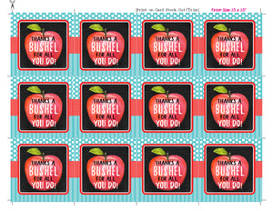Apple Thank You Favor Tag, Thanks A Bushel Favor Tag - Teacher Appreciation Favor Tags Teacher Thank You Tag - INSTANT DOWNLOAD