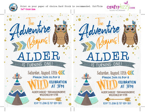 The Adventure Begins Boy Birthday Invitation - Wild One Printable Invitations - Woodland Owl - Twins - CraftyKizzy