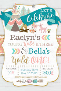 Tribal Wild One - Young Wild and Three Sibling Boy Girl Birthday Invitation Printable - Woodland Animals - Joint Party