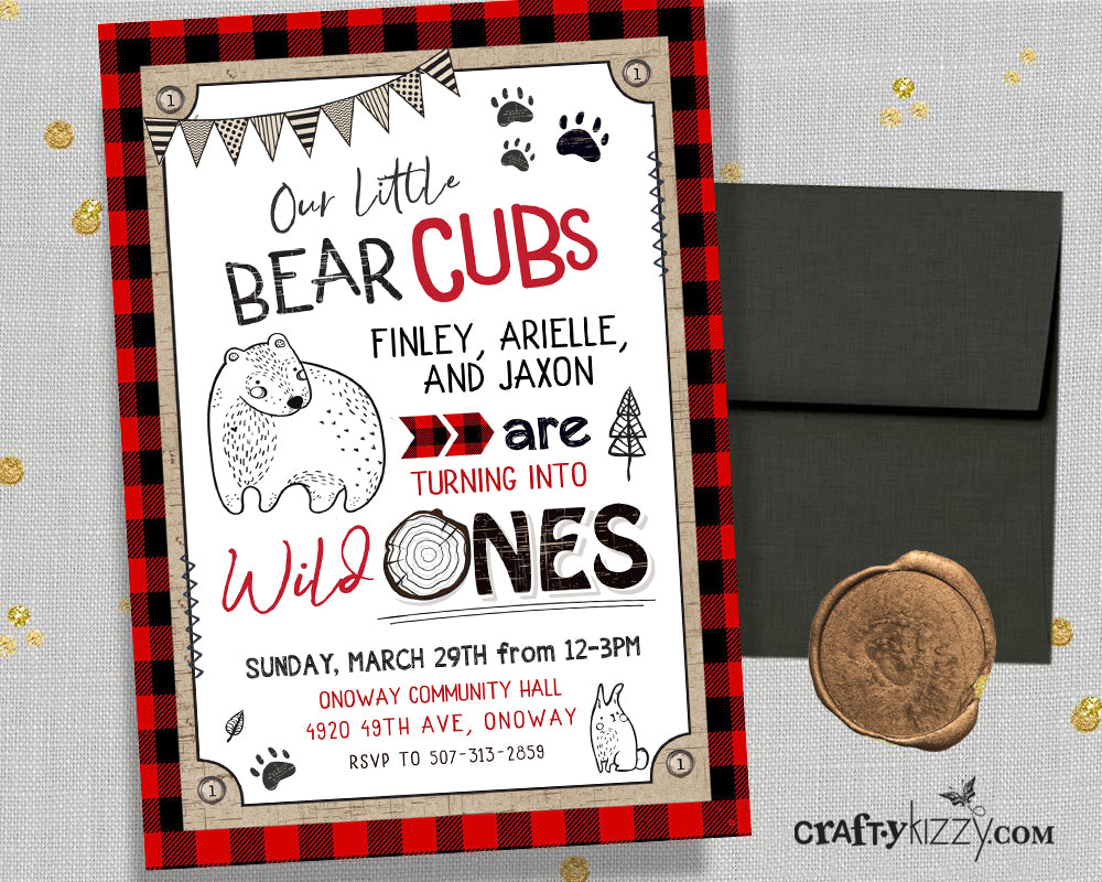 Twins First Birthday Wilderness Invitation - Triplets Bear Cub Invitations - Joint Wild One Bear Invitation - Buffalo Plaid Lumberjack