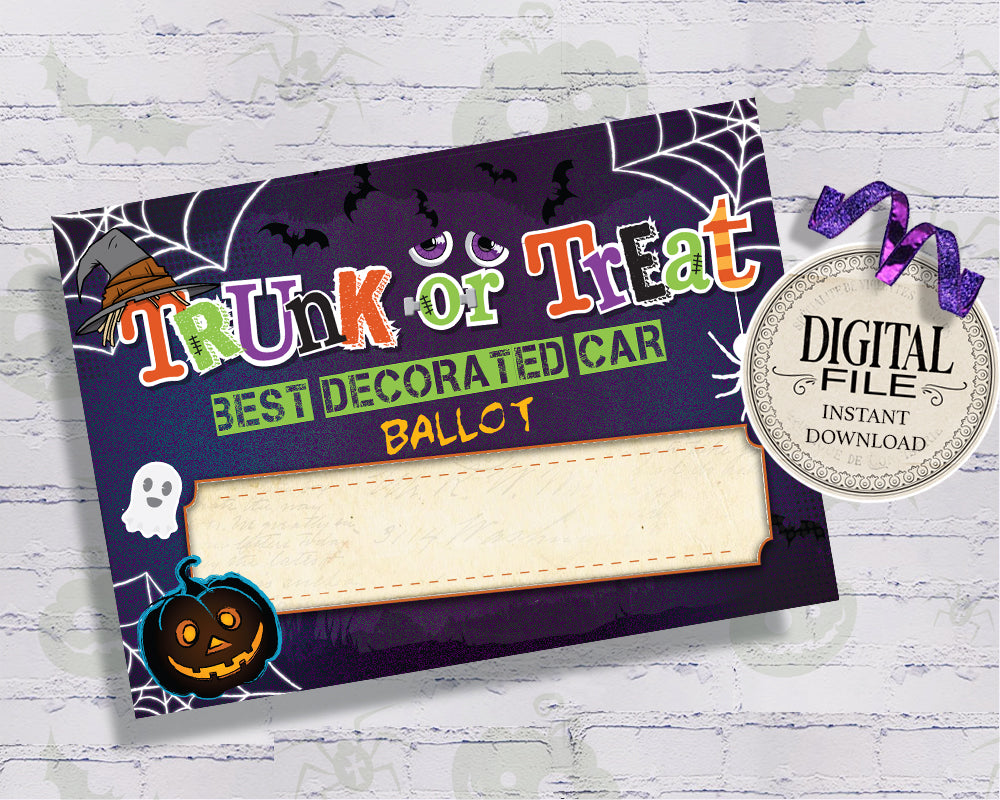 Trunk Or Treat Contest Ballot - Halloween Car Decorating Contest Entry Card - Voting Cards - Printable Entry Card - INSTANT DOWNLOAD