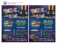 trunk or treat community flyer featuring bright colors on a dark background