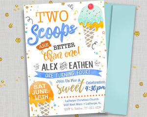 Boy Ice Cream Birthday Invitations - Joint Ice Cream Birthday Invitation - Twins Party Printable Blue Yellow Orange