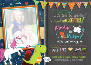 Unicorn and Dinosaur Joint Birthday Invitation - Modern Unicorns and Rainbows Invitations - Twins - Dino Party - Girl Boy - CraftyKizzy