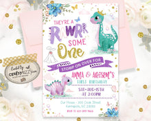 Pandemic Dinosaur Joint Birthday Invitation - Girl Dino Twin Birthday Parade Invitations - Dino Drive By Party Invitations - Pink Twins