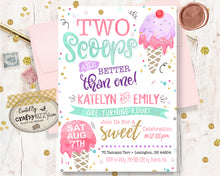 Joint Ice Cream Birthday Invitations - Two Scoops Are Better Than One Twins First Birthday - Girl Ice Cream Second Birthday Invitation