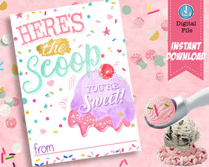 Here's the Scoop Girl Valentines Day Card - Girls Valentine's Day Cards Classroom Exchange Cards - INSTANT DOWNLOAD - CraftyKizzy