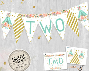 Woodland Second Birthday Pennant Banner Boho Teepee Printable Garland - Bunting Flag Banner Decoration - Party Flags INSTANT DOWNLOAD