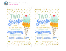 Twins Two Scoops Birthday Invitations - Joint Ice Cream Birthday Invitation Boy - Here's The Scoop Party Printable Blue Yellow Orange Green