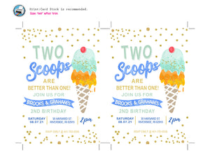 Twins Two Scoops Birthday Invitations - Joint Ice Cream Birthday Invitation Boy - Here's The Scoop Party Printable Blue Yellow Orange Green