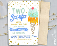 Twins Two Scoops Birthday Invitations - Joint Ice Cream Birthday Invitation Boy - Here's The Scoop Party Printable Blue Yellow Orange Green - CraftyKizzy