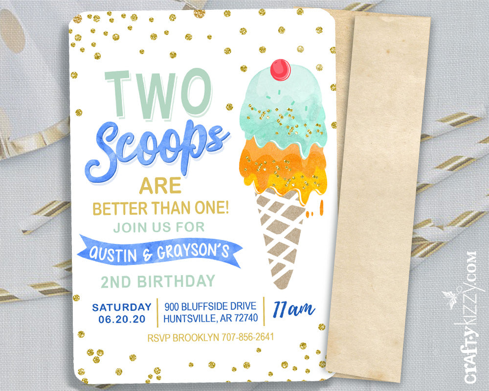 Twins Two Scoops Birthday Invitations - Joint Ice Cream Birthday Invitation Boy - Here's The Scoop Party Printable Blue Yellow Orange Green - CraftyKizzy