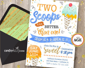 Boy Ice Cream Birthday Invitations - Ice Cream First Birthday Party Invitation - Printable Blue Yellow Orange