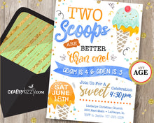 Boy Ice Cream Birthday Invitations - Joint Ice Cream Birthday Invitation - Twins Party Printable Blue Yellow Orange - CraftyKizzy