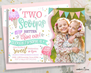 Ice Cream First Birthday Invitations - Here's The Scoop - Two Scoops Second Birthday Invitation - 1st 2nd Birthday Watercolor Printable Invite