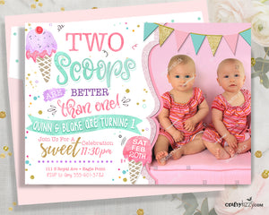 Joint Ice Cream Birthday Invitations - Two Scoops Are Better Than One Twins First Birthday - Girl Ice Cream Second Birthday Invitation