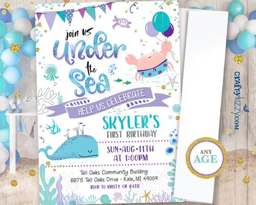 Girl First Birthday Under the Sea Invitation Watercolor Teal and Purple Ocean Birthday Party - Nautical Beach - CraftyKizzy