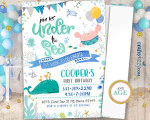 First Birthday Under the Sea Boy Invitation Watercolor Ocean Birthday Party - Nautical Beach - CraftyKizzy