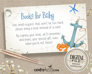 Under the Sea Books for Baby Card - Under The Sea Baby Shower Card Insert Boy - Ocean Animals Bring a Book Request Inserts - INSTANT DOWNLOAD