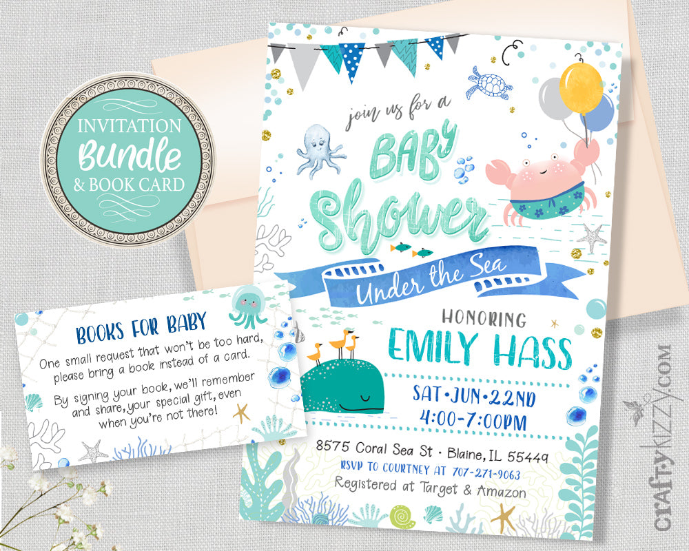 Under The Sea Baby Shower Invitation - Watercolor Nautical Baby Shower Invitation Boy - Printable Ocean Invitation & Book Insert Bundle