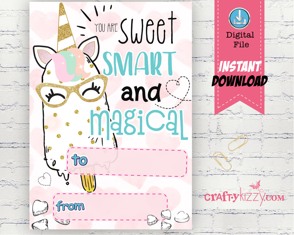Girls Unicorn Valentines Day Cards - Girl Ice Cream Valentine's Day Card Classroom Printable Cards - INSTANT DOWNLOAD - CraftyKizzy