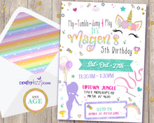 Unicorn Gymnastics Birthday Invitations - Flip Tumble Jump and Play Gymnastics Unicorns and Rainbows Invitation - CraftyKizzy
