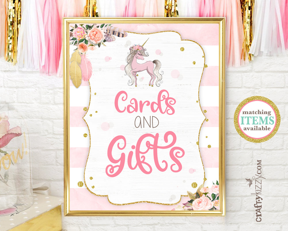 Unicorn Baby Shower Sign Cards And Gifts - Girl Pink Unicorn Birthday Table Sign - Printable Cards and Gifts Signs - INSTANT DOWNLOAD - CraftyKizzy