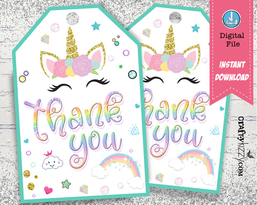 Unicorn Thank You Favor Tags - Gold Glitter Printable Tags - Rainbow Birthday Party Favor Tag - INSTANT DOWNLOAD - CraftyKizzy