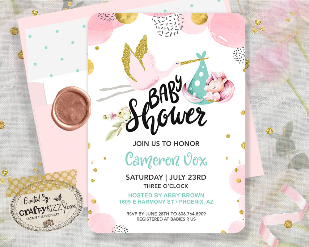 Unicorn Baby Shower Invitation - Printable Pink Stork Invitations - It's a Girl Baby Shower Invite