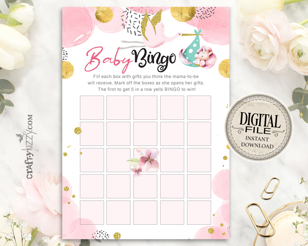 Unicorn Baby Shower Bingo Cards - Pink Bingo Baby Shower Games - Pink Stork Bingo Game – Mommy To Be Bingo Card - INSTANT DOWNLOAD