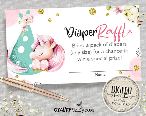 Unicorn Diaper Raffle Ticket - Pink Unicorn Diaper Raffle Game Card - It's A Girl Diaper Raffle Insert - Stork Delivery - INSTANT DOWNLOAD