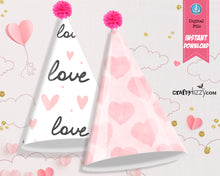 Valentine Printable Party Hats - Heart Party Hats - Valentine's Birthday Party Favors - Pink Party Hat - INSTANT DOWNLOAD