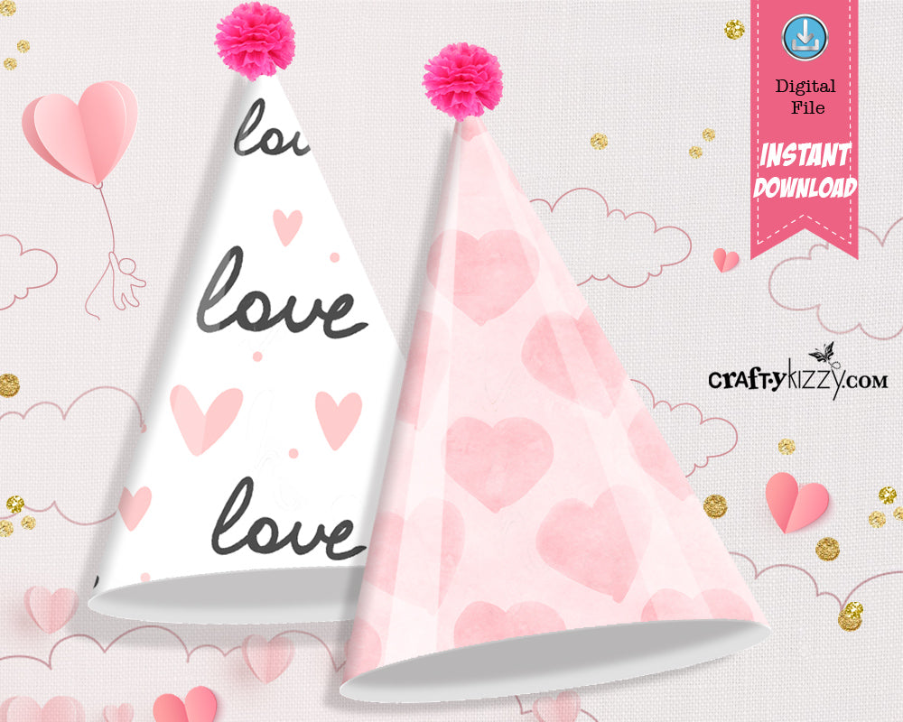 Valentine Printable Party Hats - Heart Party Hats - Valentine's Birthday Party Favors - Pink Party Hat - INSTANT DOWNLOAD