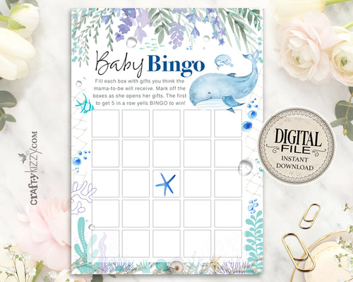 Girl Nautical Baby Shower Bingo Game - Whale Baby Shower Bingo Cards - Under The Sea Baby Shower Games - Baby Shower Bingo Card - INSTANT DOWNLOAD